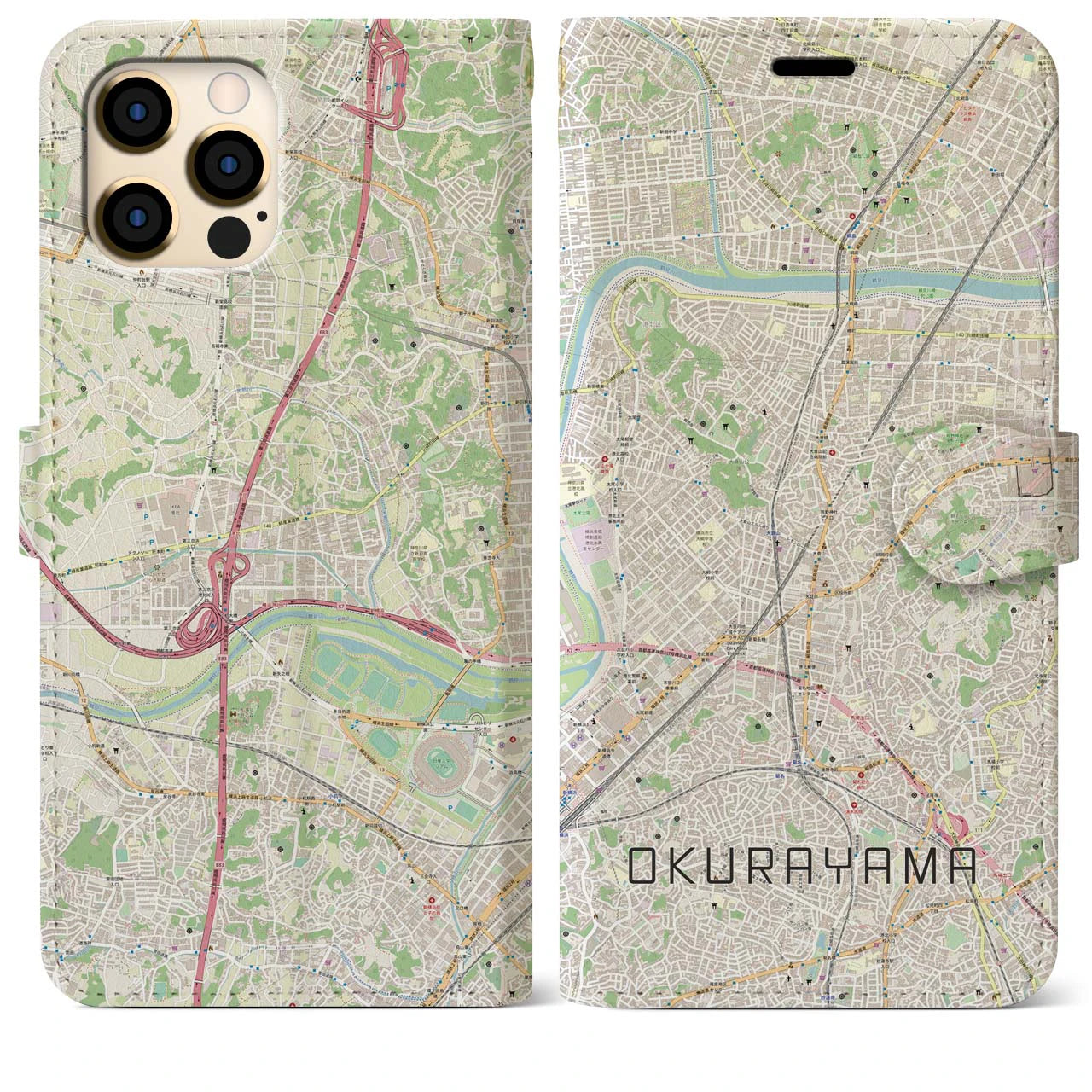 【大倉山】地図柄iPhoneケース（手帳両面タイプ・ナチュラル）iPhone 12 Pro Max 用