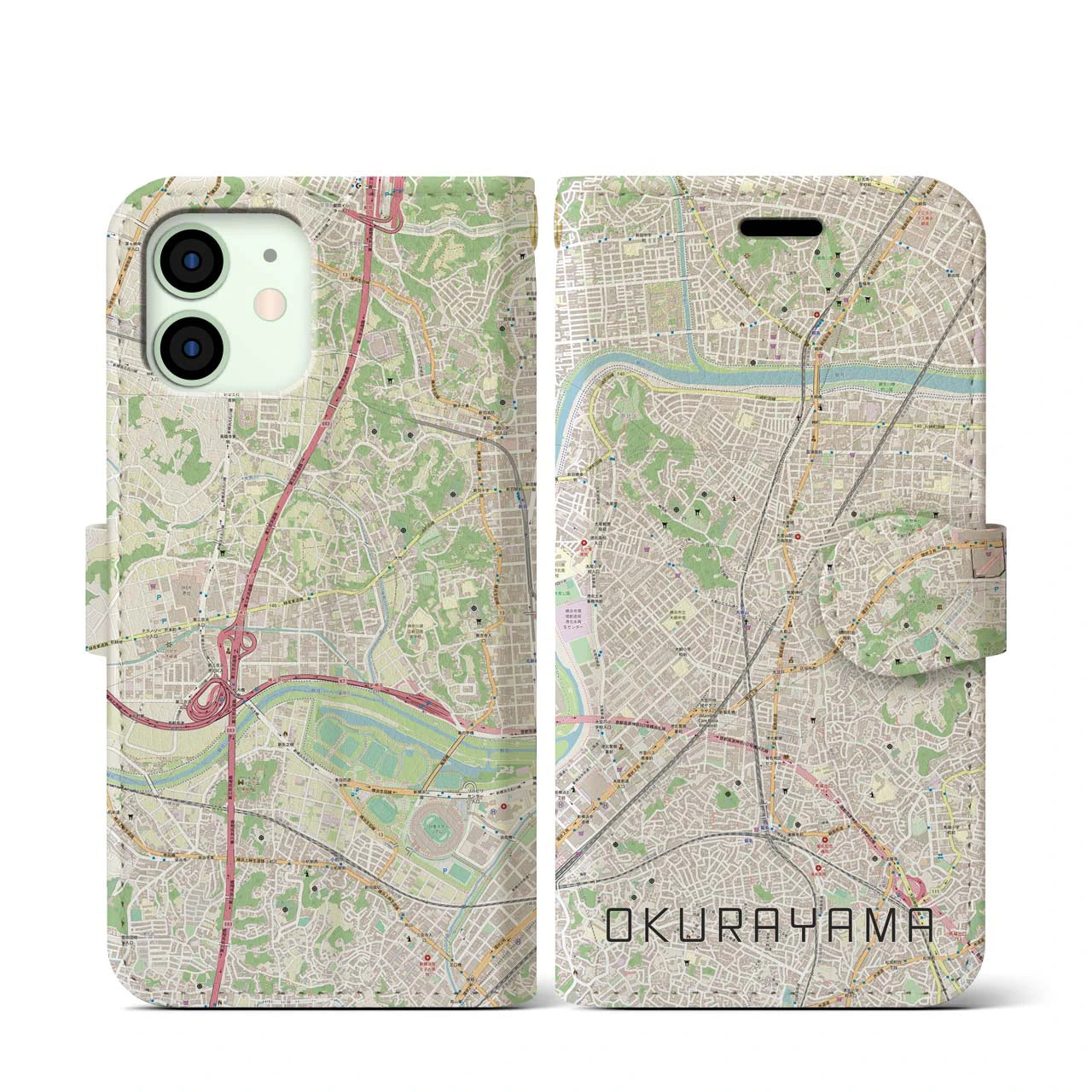 【大倉山】地図柄iPhoneケース（手帳両面タイプ・ナチュラル）iPhone 12 mini 用