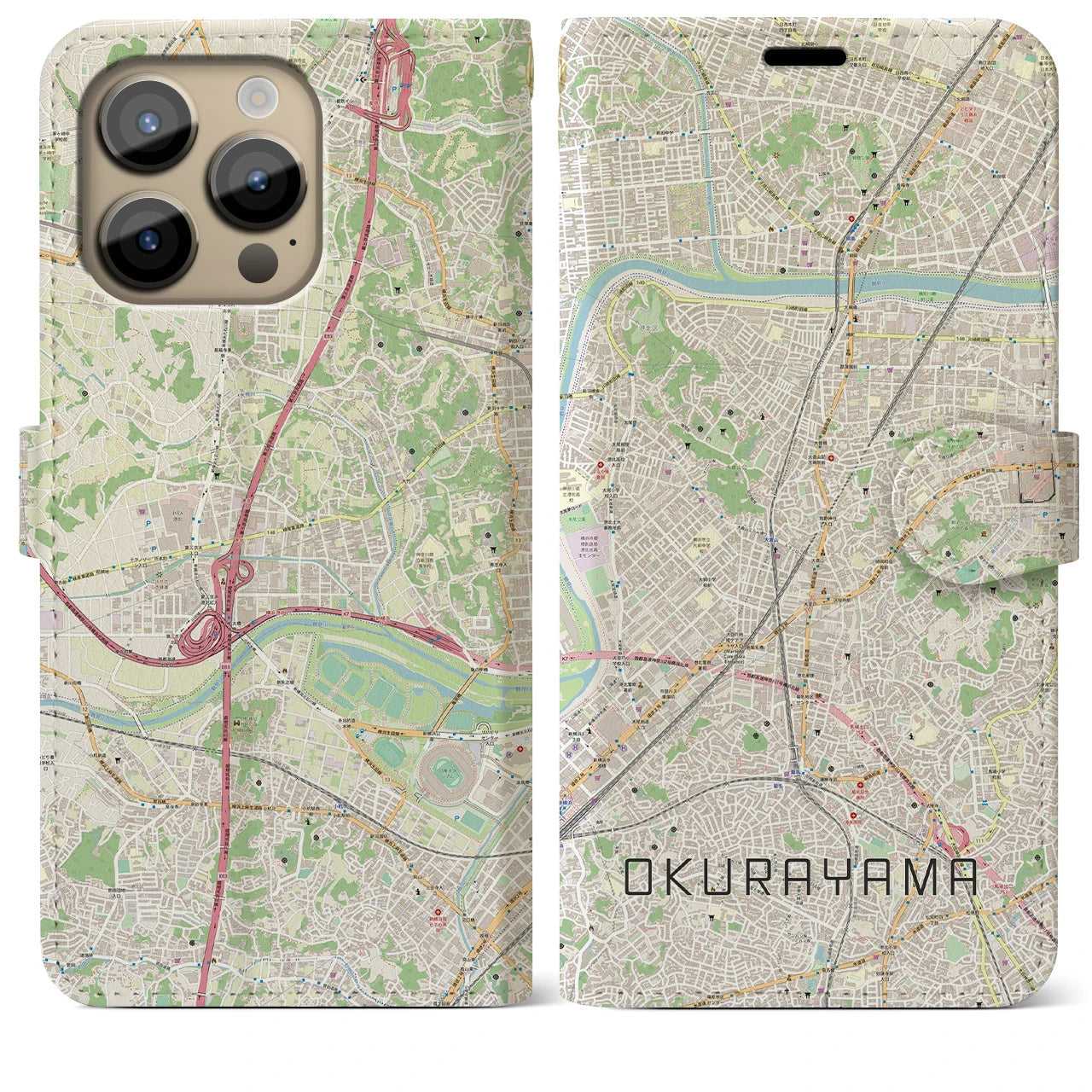 【大倉山】地図柄iPhoneケース（手帳両面タイプ・ナチュラル）iPhone 14 Pro Max 用