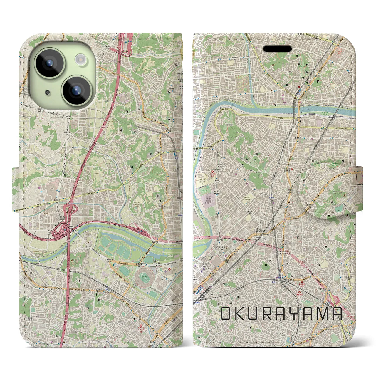 【大倉山】地図柄iPhoneケース（手帳両面タイプ・ナチュラル）iPhone 15 用