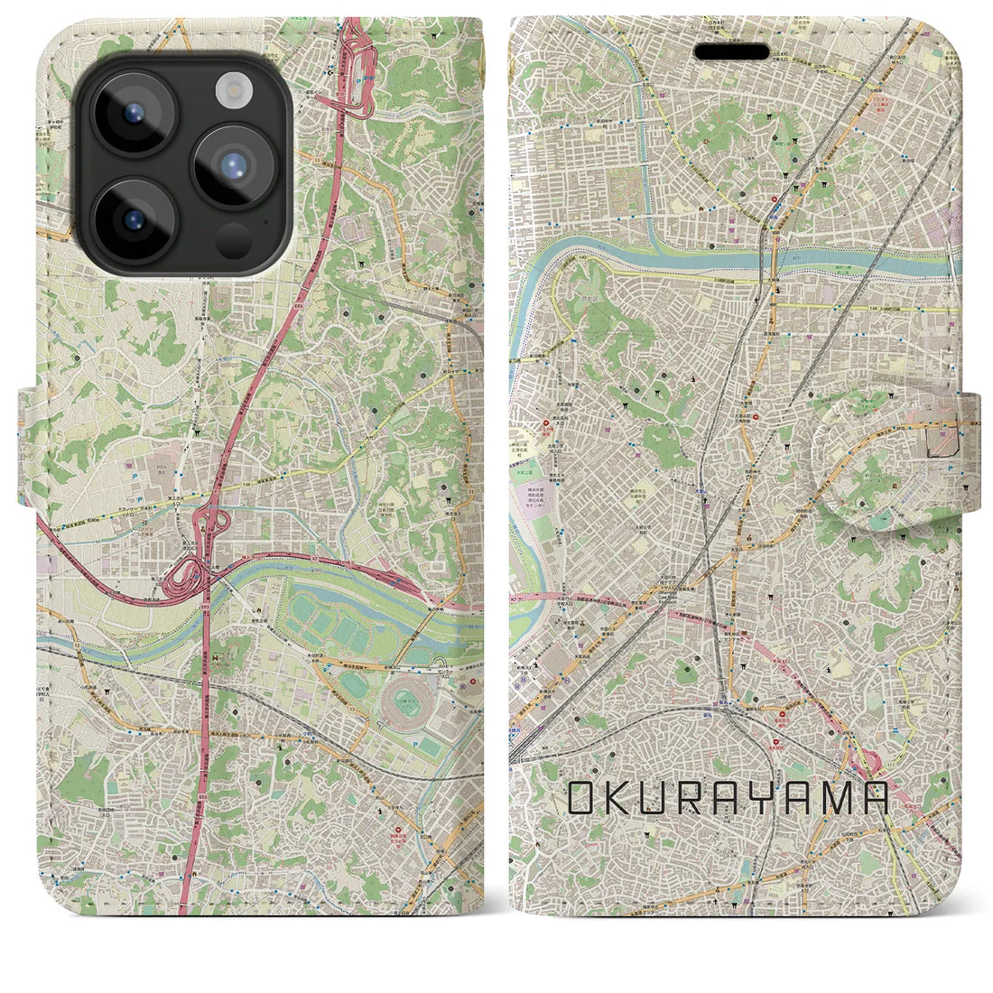 【大倉山】地図柄iPhoneケース（手帳両面タイプ・ナチュラル）iPhone 15 Pro Max 用