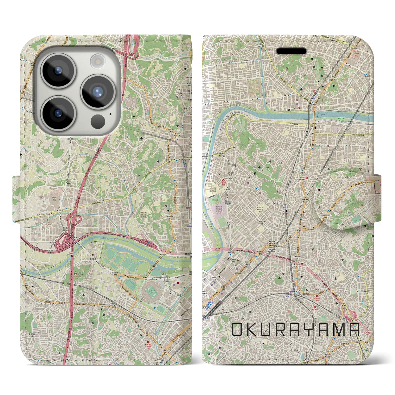 【大倉山】地図柄iPhoneケース（手帳両面タイプ・ナチュラル）iPhone 15 Pro 用