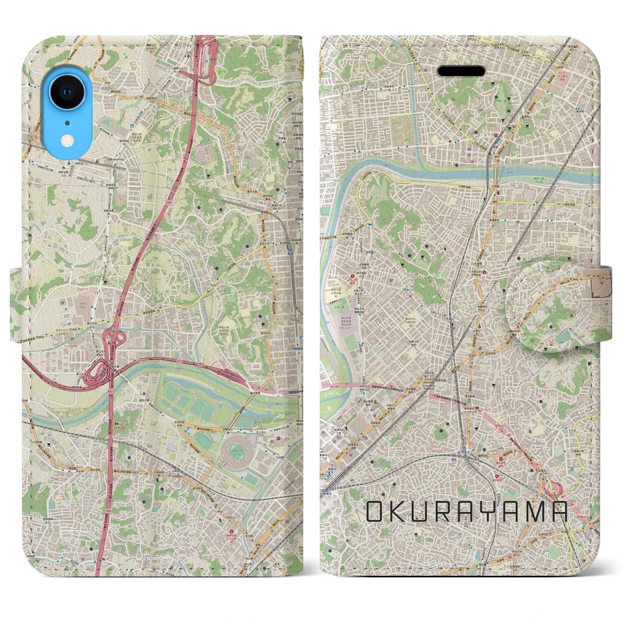【大倉山】地図柄iPhoneケース（手帳両面タイプ・ナチュラル）iPhone XR 用