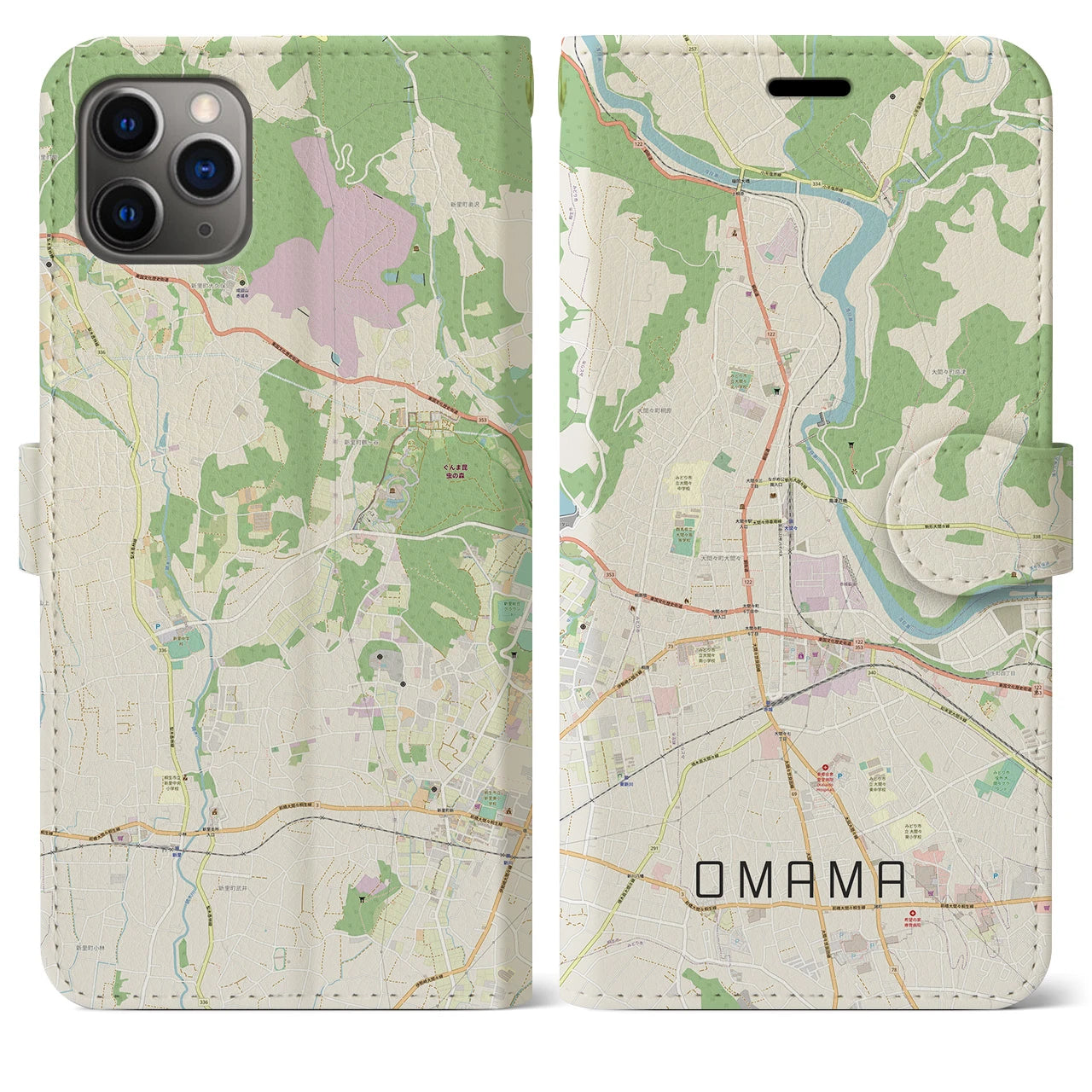 【大間々】地図柄iPhoneケース（手帳両面タイプ・ナチュラル）iPhone 11 Pro Max 用