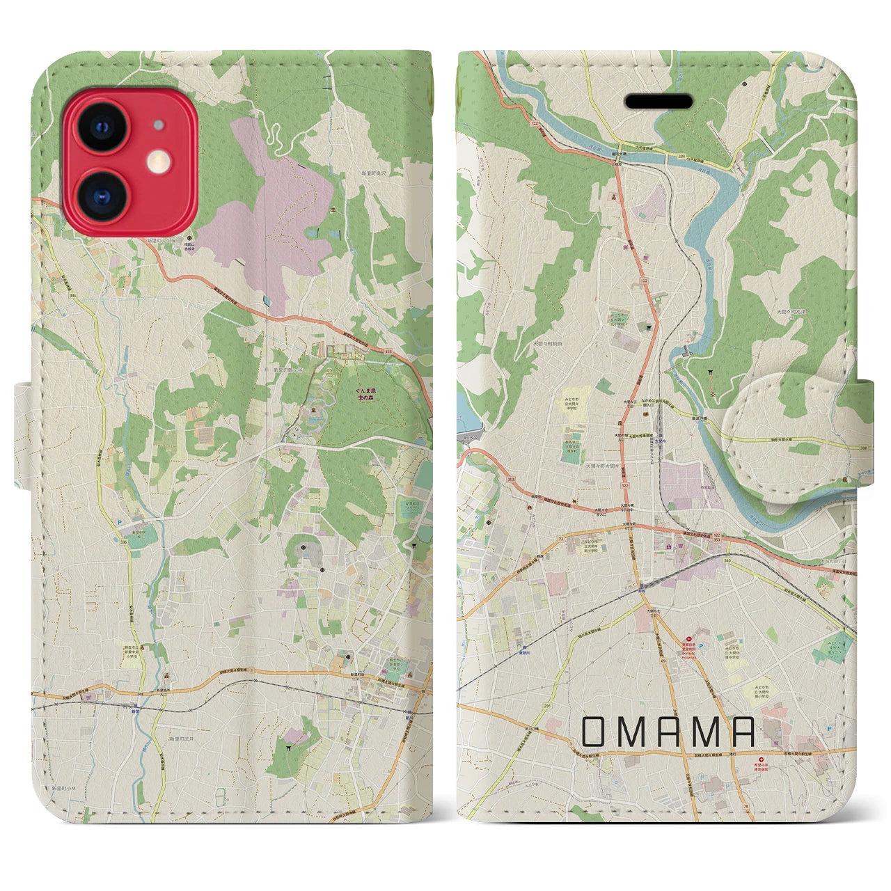 【大間々】地図柄iPhoneケース（手帳両面タイプ・ナチュラル）iPhone 11 用