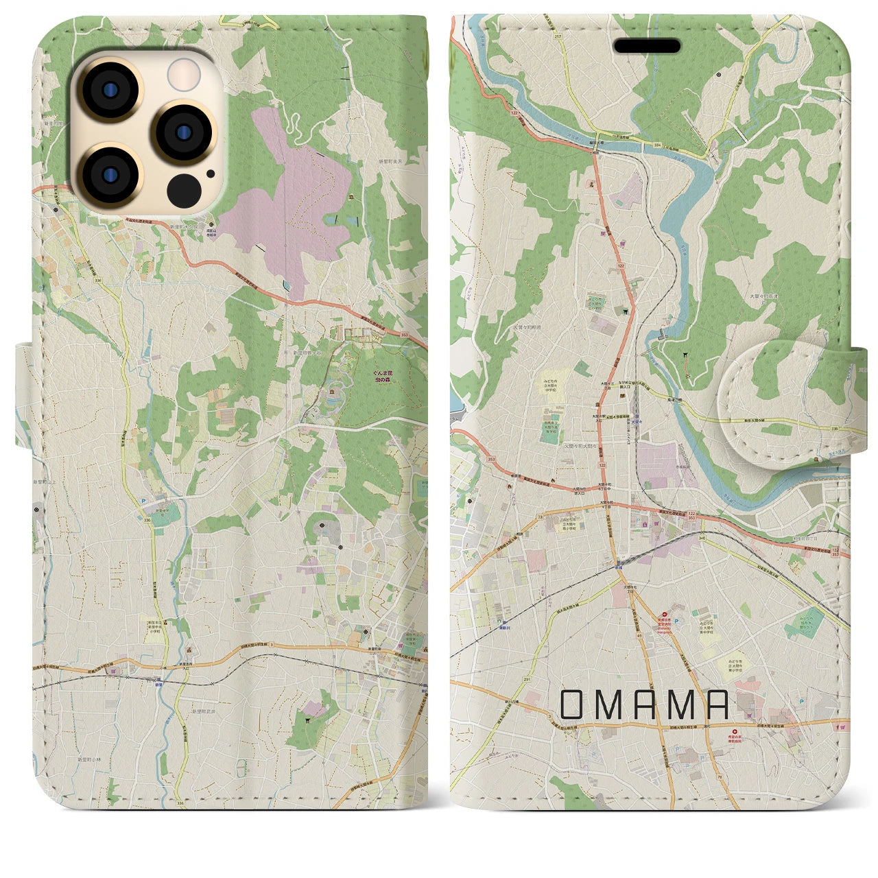【大間々】地図柄iPhoneケース（手帳両面タイプ・ナチュラル）iPhone 12 Pro Max 用