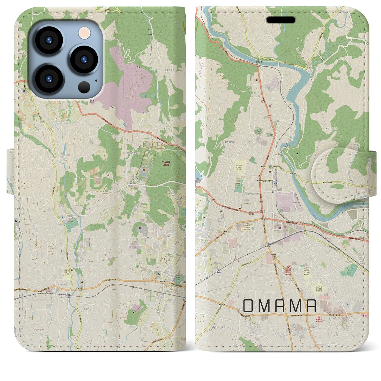 【大間々】地図柄iPhoneケース（手帳両面タイプ・ナチュラル）iPhone 13 Pro Max 用