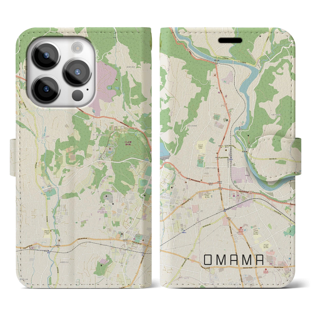 【大間々】地図柄iPhoneケース（手帳両面タイプ・ナチュラル）iPhone 14 Pro 用