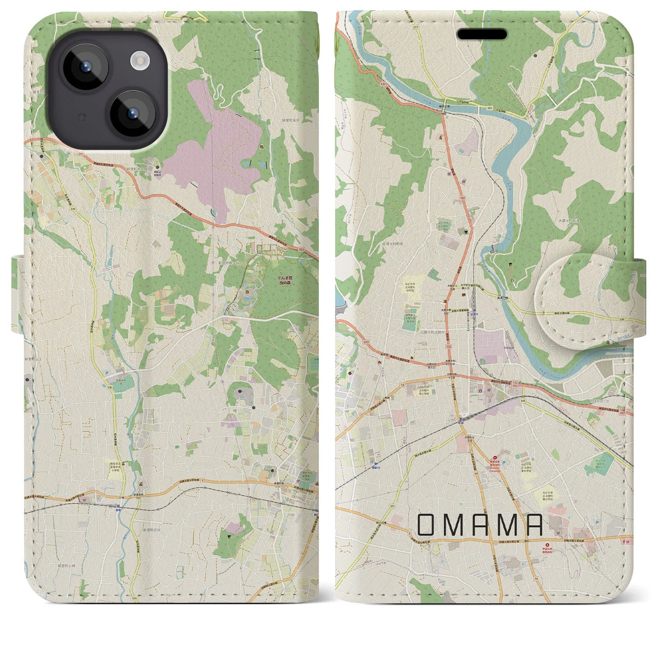 【大間々】地図柄iPhoneケース（手帳両面タイプ・ナチュラル）iPhone 14 Plus 用