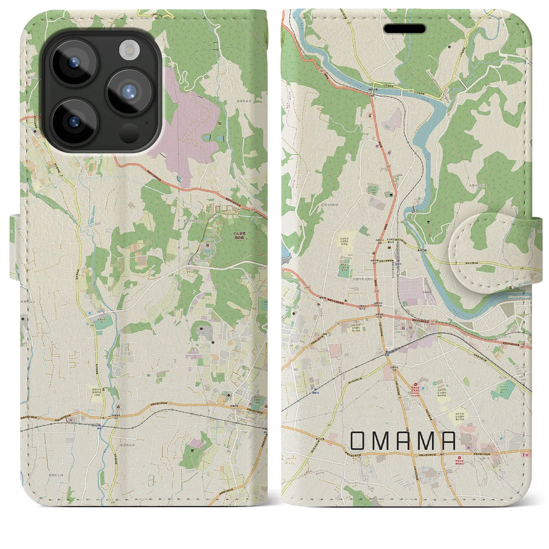 【大間々】地図柄iPhoneケース（手帳両面タイプ・ナチュラル）iPhone 15 Pro Max 用