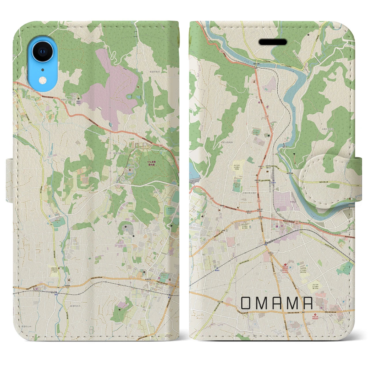 【大間々】地図柄iPhoneケース（手帳両面タイプ・ナチュラル）iPhone XR 用