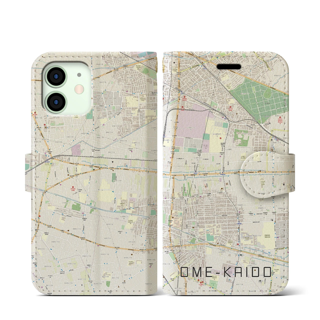 【青梅街道】地図柄iPhoneケース（手帳両面タイプ・ナチュラル）iPhone 12 mini 用