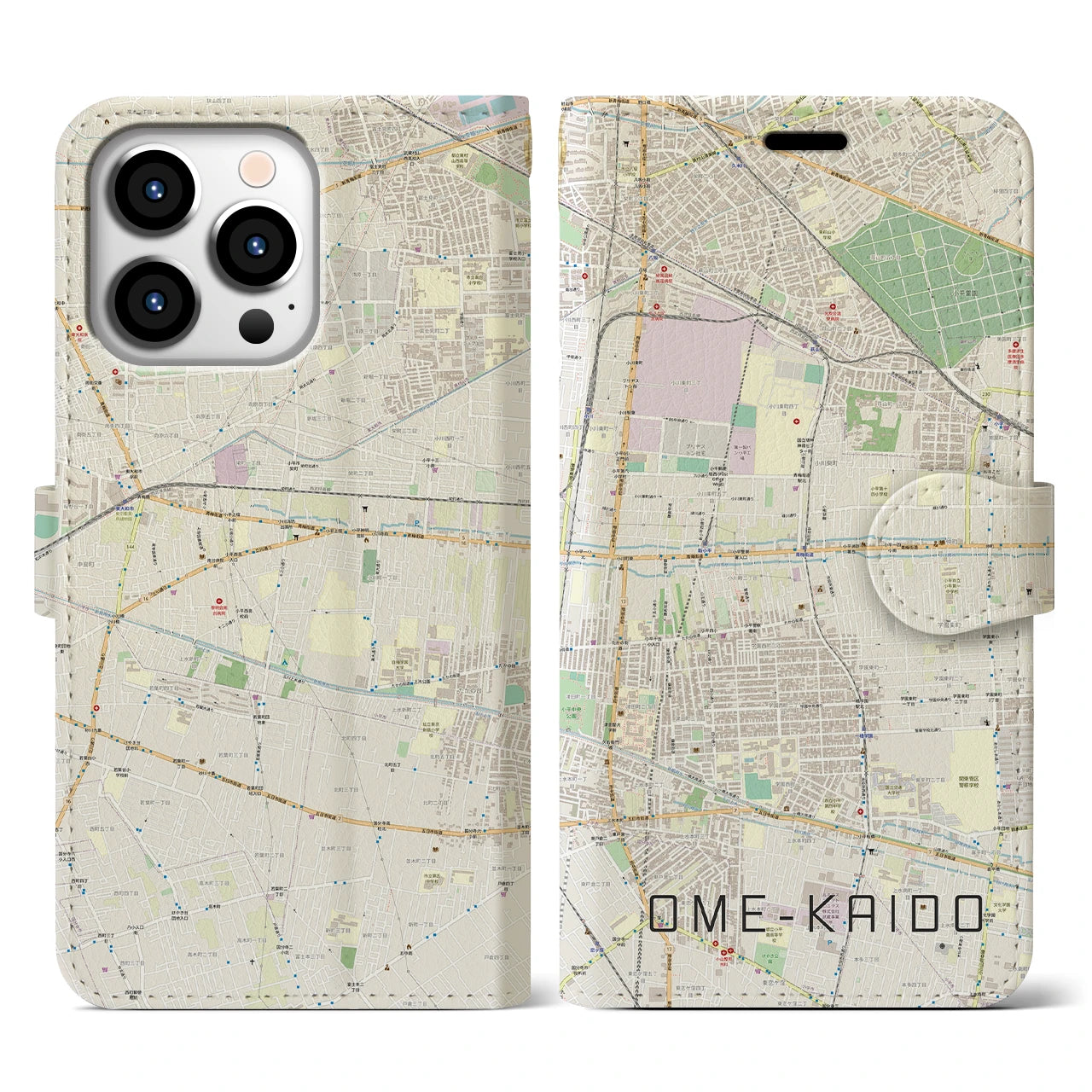 【青梅街道】地図柄iPhoneケース（手帳両面タイプ・ナチュラル）iPhone 13 Pro 用