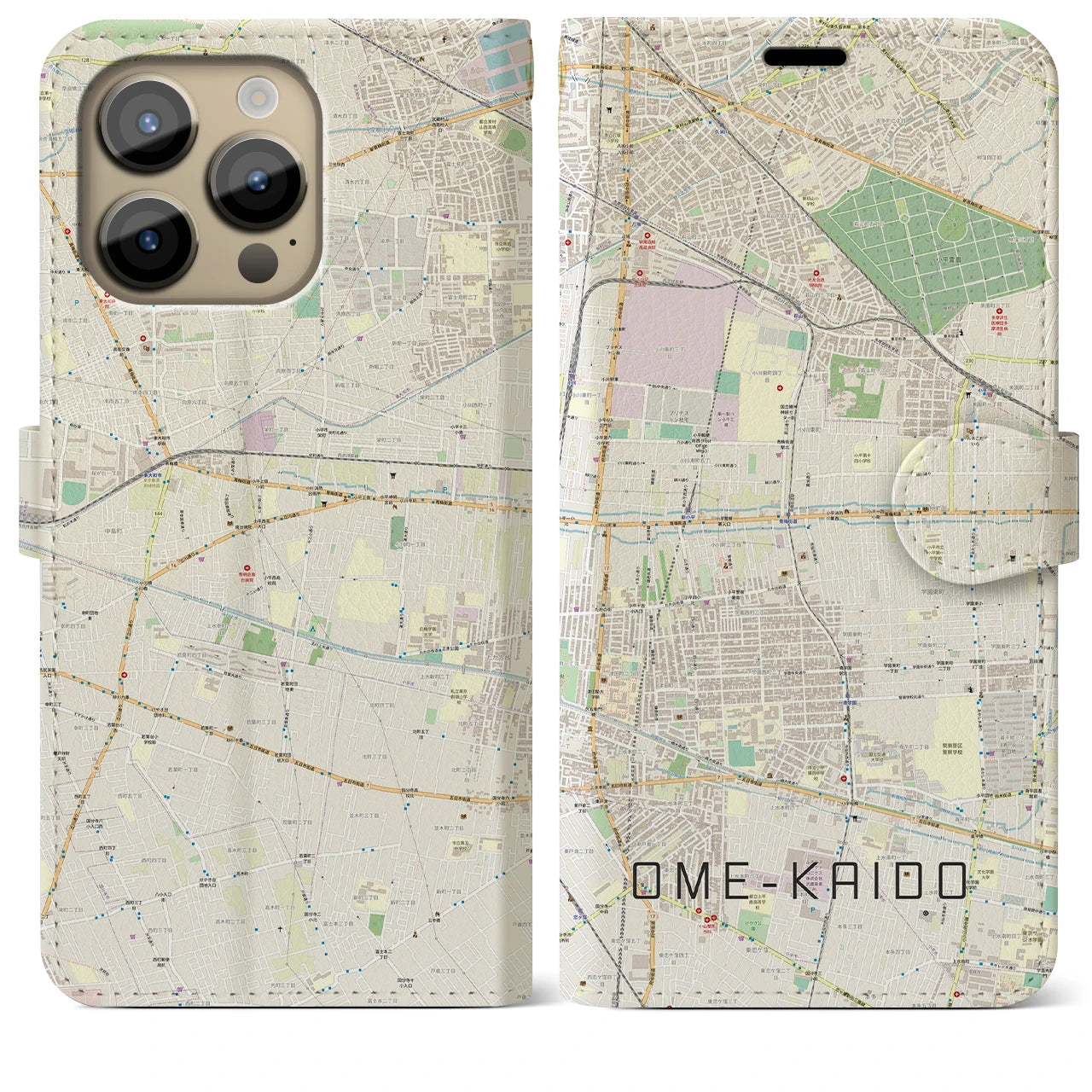 【青梅街道】地図柄iPhoneケース（手帳両面タイプ・ナチュラル）iPhone 14 Pro Max 用