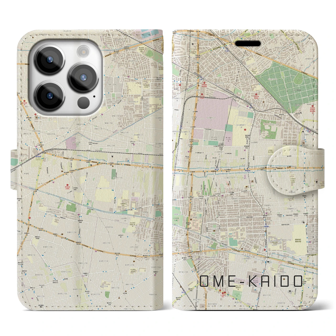 【青梅街道】地図柄iPhoneケース（手帳両面タイプ・ナチュラル）iPhone 14 Pro 用