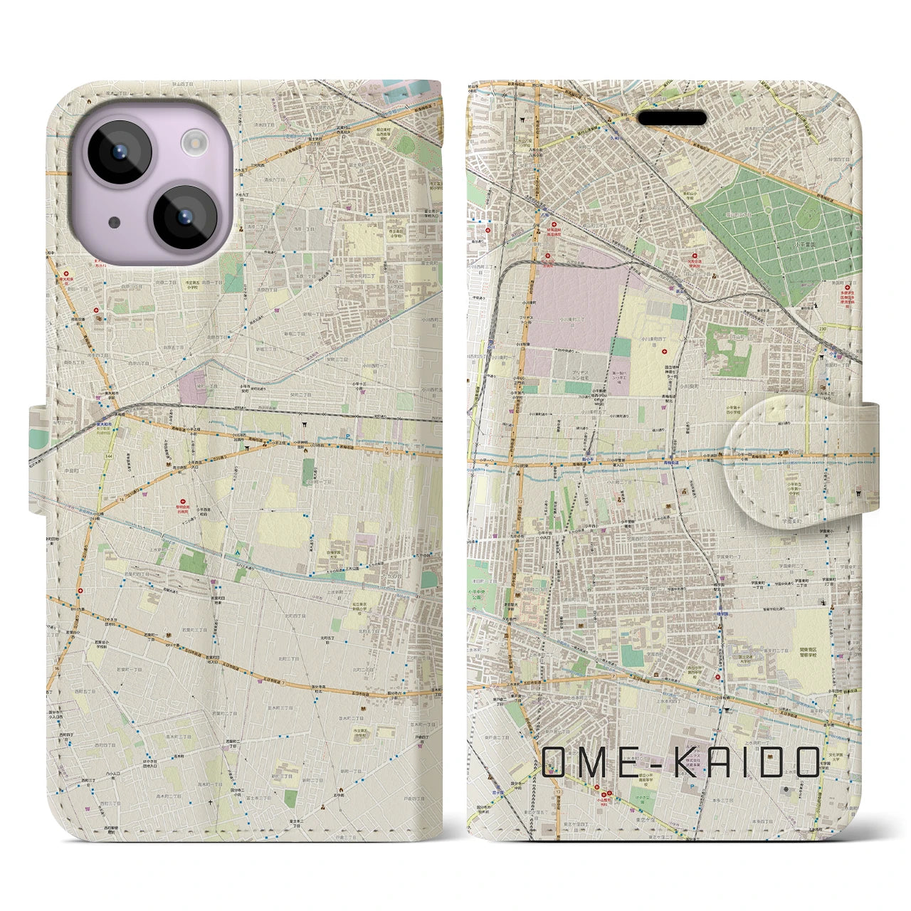 【青梅街道】地図柄iPhoneケース（手帳両面タイプ・ナチュラル）iPhone 14 用