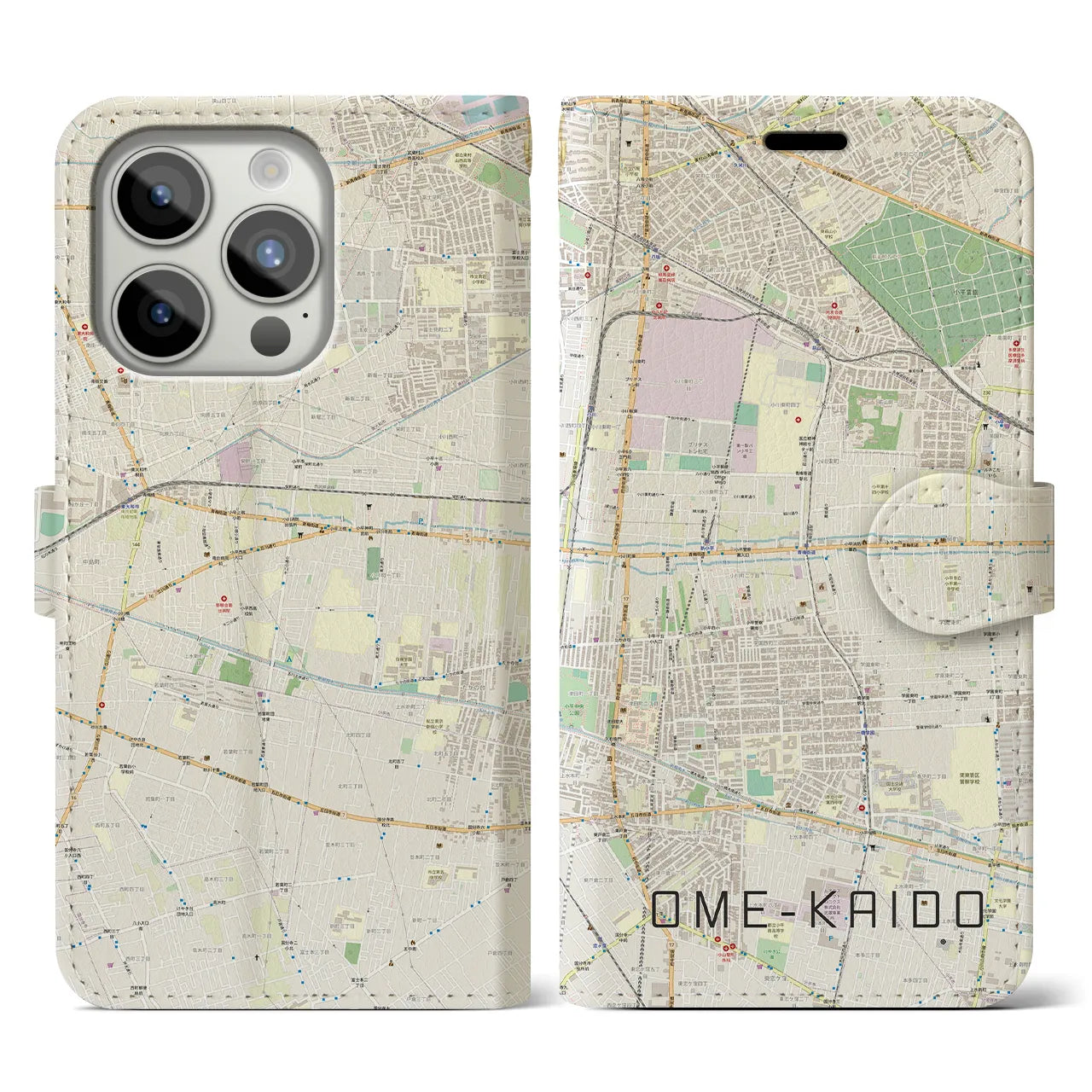 【青梅街道】地図柄iPhoneケース（手帳両面タイプ・ナチュラル）iPhone 15 Pro 用