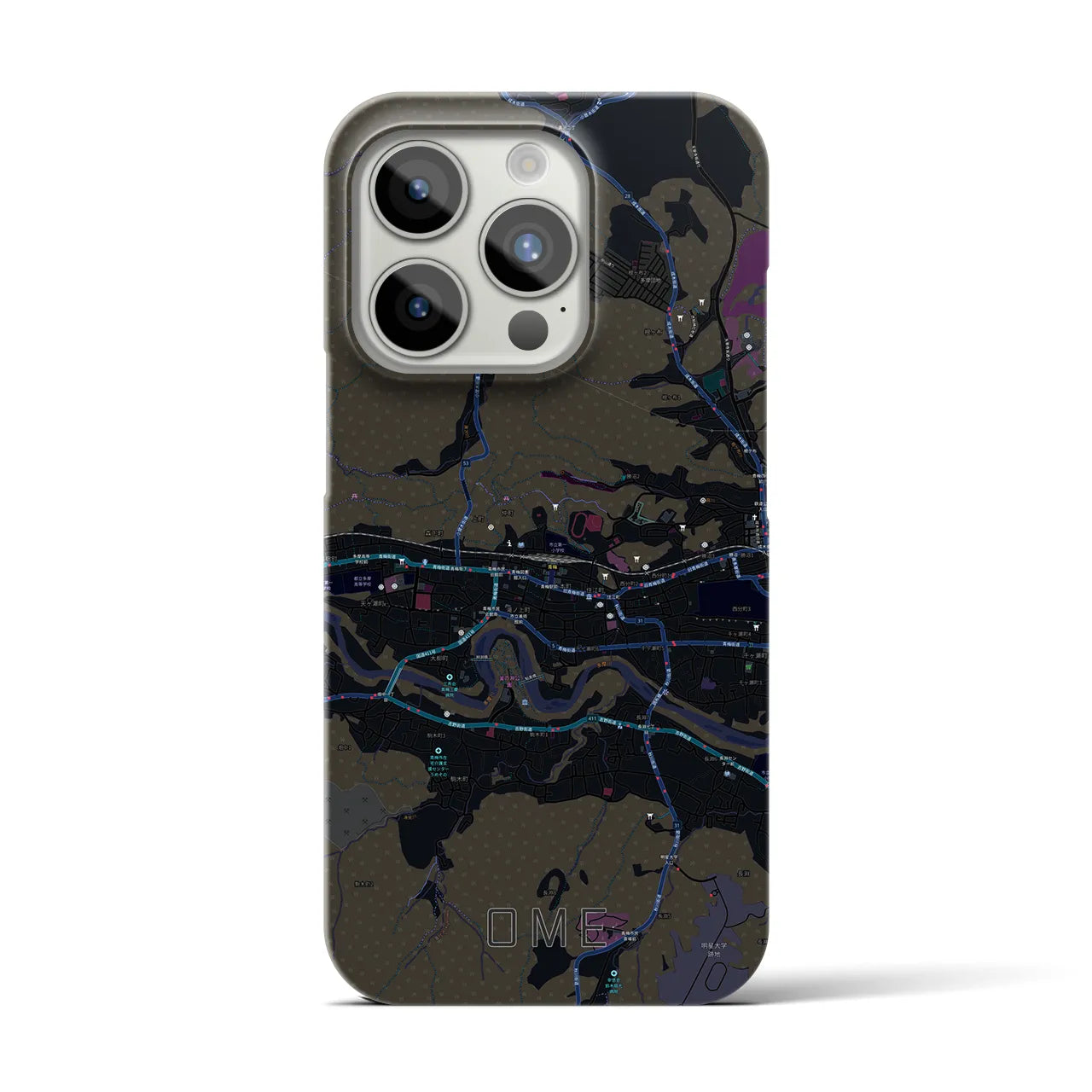 【青梅】地図柄iPhoneケース（バックカバータイプ・ブラック）iPhone 15 Pro 用