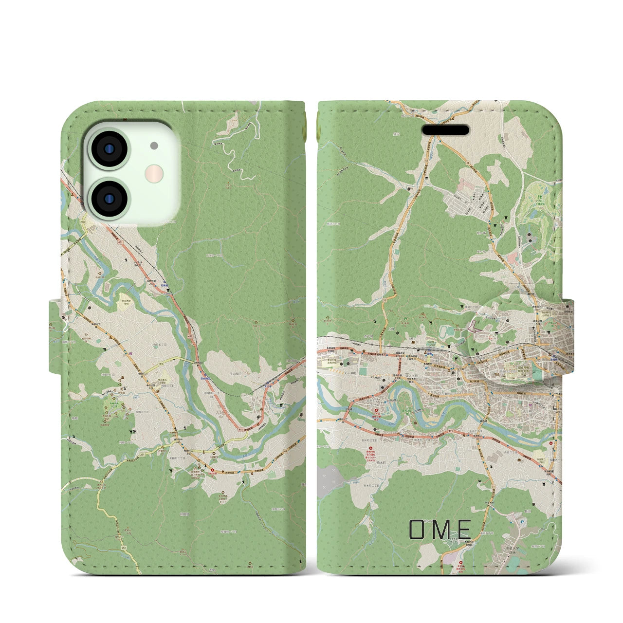 【青梅】地図柄iPhoneケース（手帳両面タイプ・ナチュラル）iPhone 12 mini 用
