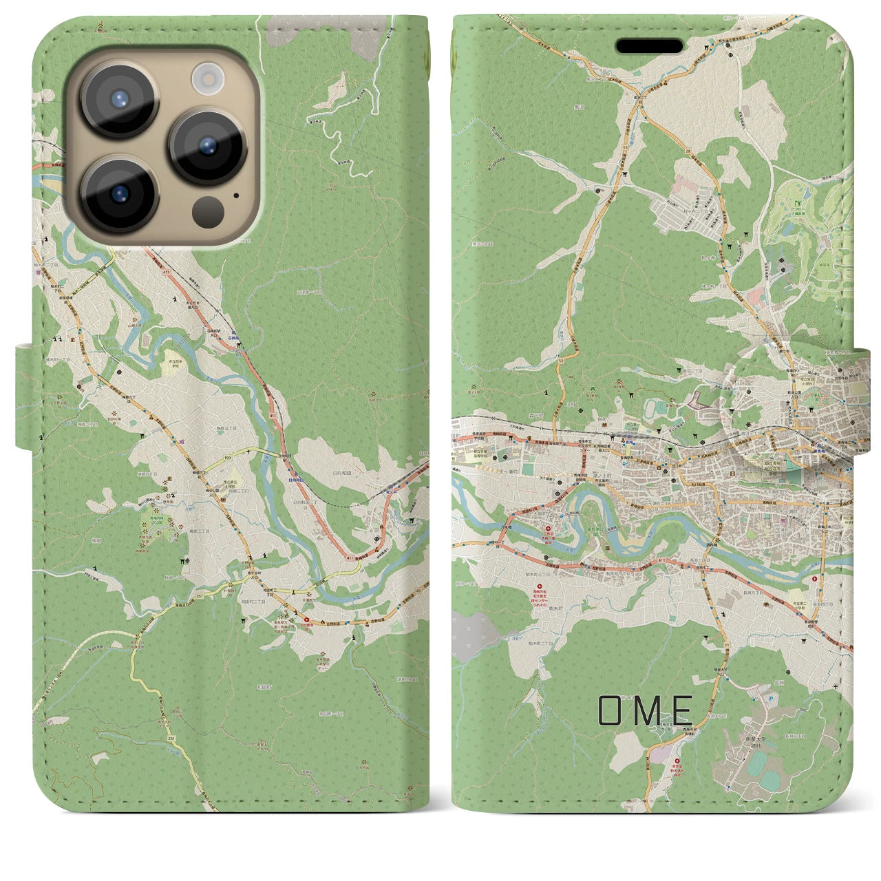 【青梅】地図柄iPhoneケース（手帳両面タイプ・ナチュラル）iPhone 14 Pro Max 用