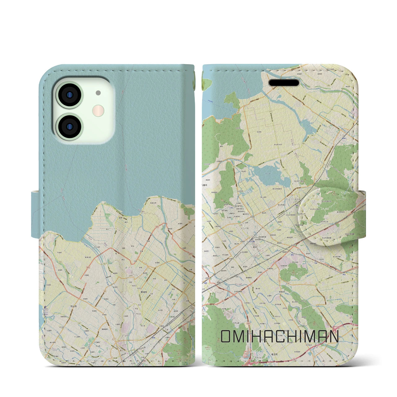 【近江八幡2】地図柄iPhoneケース（手帳両面タイプ・ナチュラル）iPhone 12 mini 用