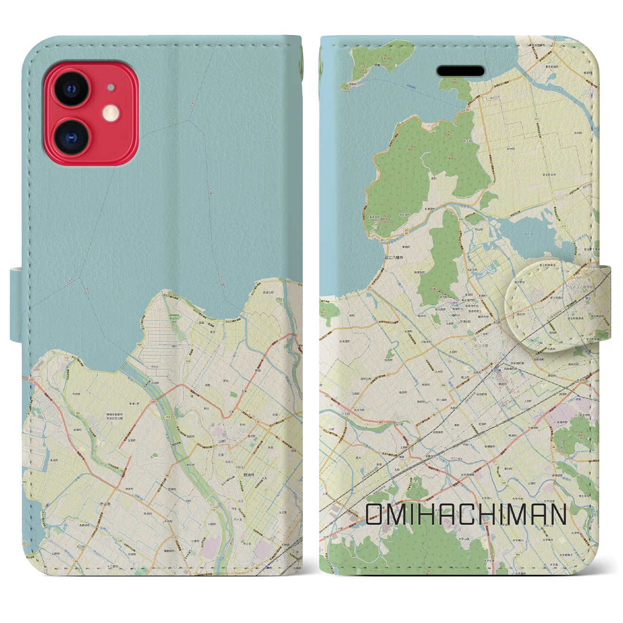 【近江八幡】地図柄iPhoneケース（手帳両面タイプ・ナチュラル）iPhone 11 用
