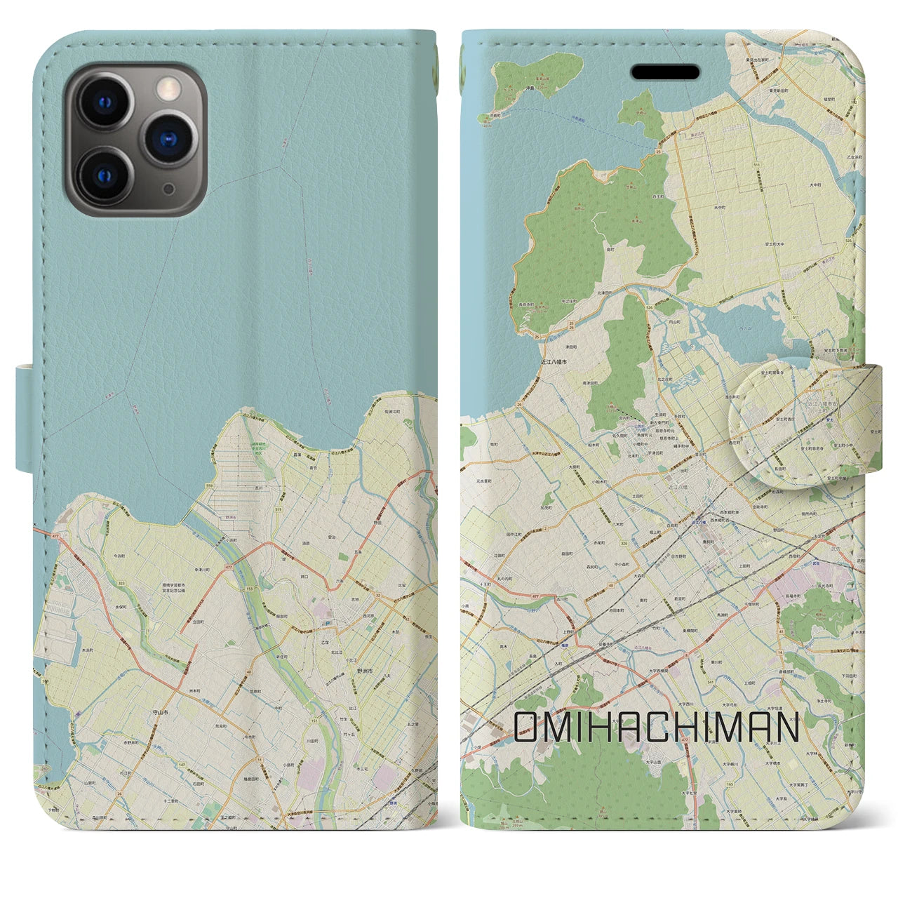 【近江八幡】地図柄iPhoneケース（手帳両面タイプ・ナチュラル）iPhone 11 Pro Max 用