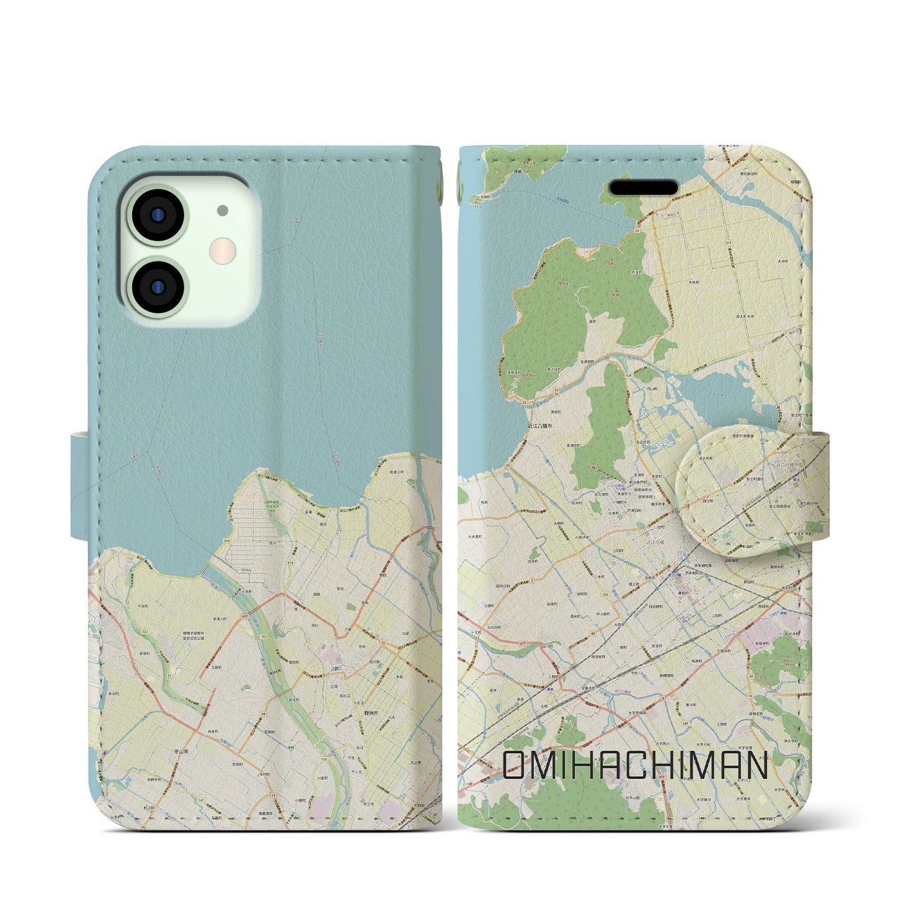 【近江八幡】地図柄iPhoneケース（手帳両面タイプ・ナチュラル）iPhone 12 mini 用