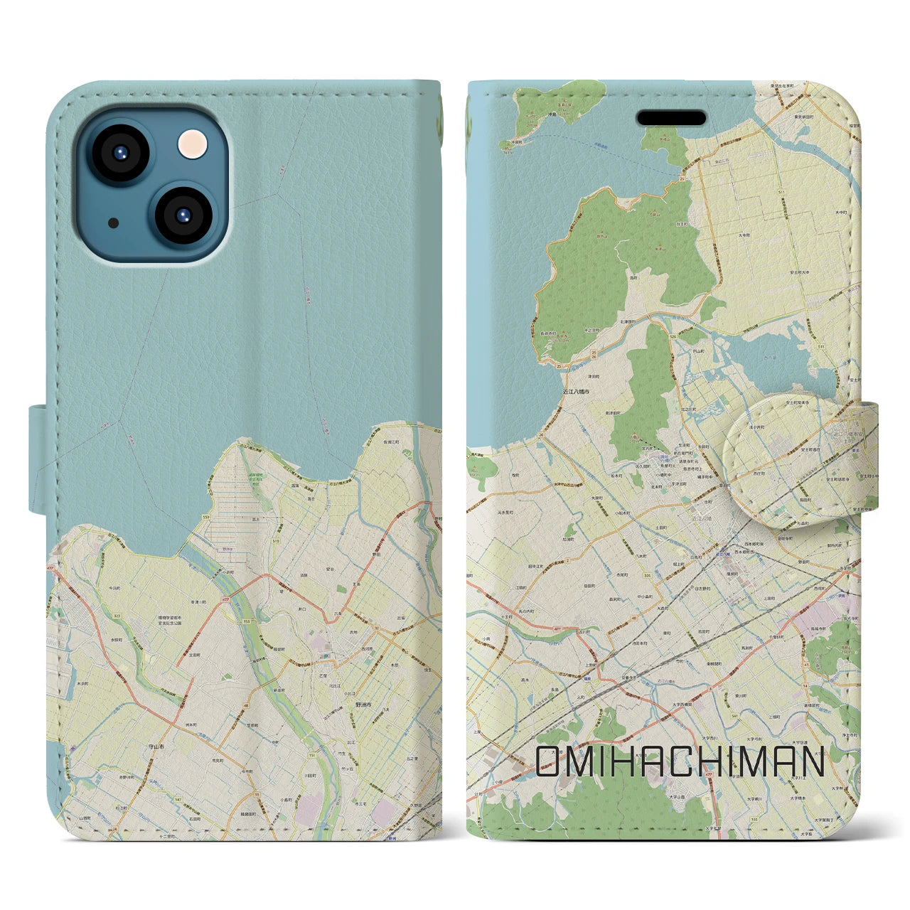 【近江八幡】地図柄iPhoneケース（手帳両面タイプ・ナチュラル）iPhone 13 用