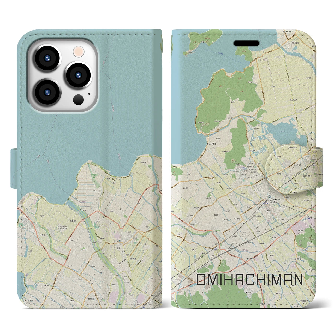 【近江八幡】地図柄iPhoneケース（手帳両面タイプ・ナチュラル）iPhone 13 Pro 用