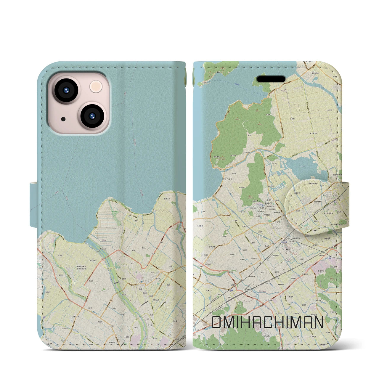 【近江八幡】地図柄iPhoneケース（手帳両面タイプ・ナチュラル）iPhone 13 mini 用
