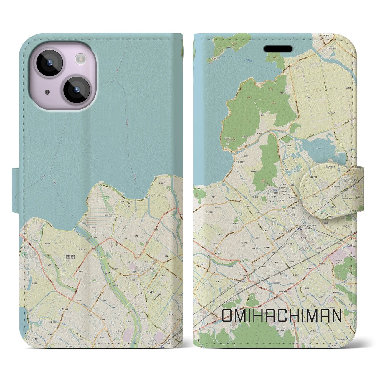 【近江八幡】地図柄iPhoneケース（手帳両面タイプ・ナチュラル）iPhone 14 用