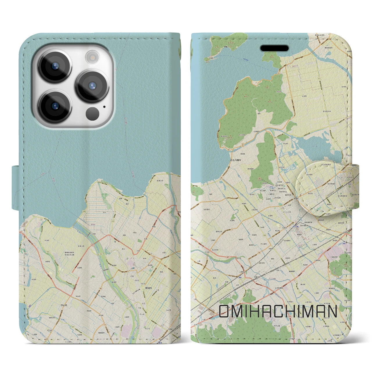 【近江八幡】地図柄iPhoneケース（手帳両面タイプ・ナチュラル）iPhone 14 Pro 用
