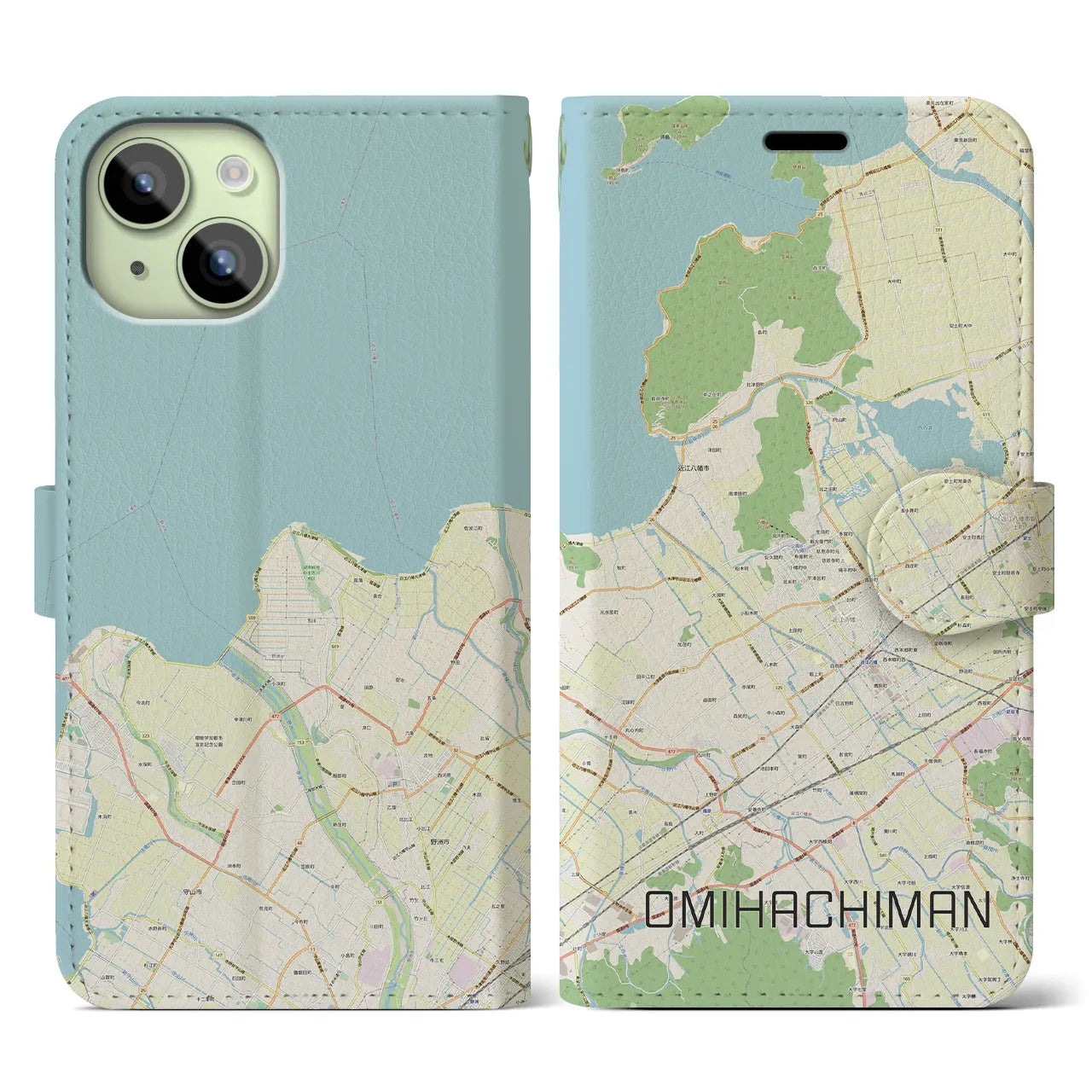 【近江八幡】地図柄iPhoneケース（手帳両面タイプ・ナチュラル）iPhone 15 用