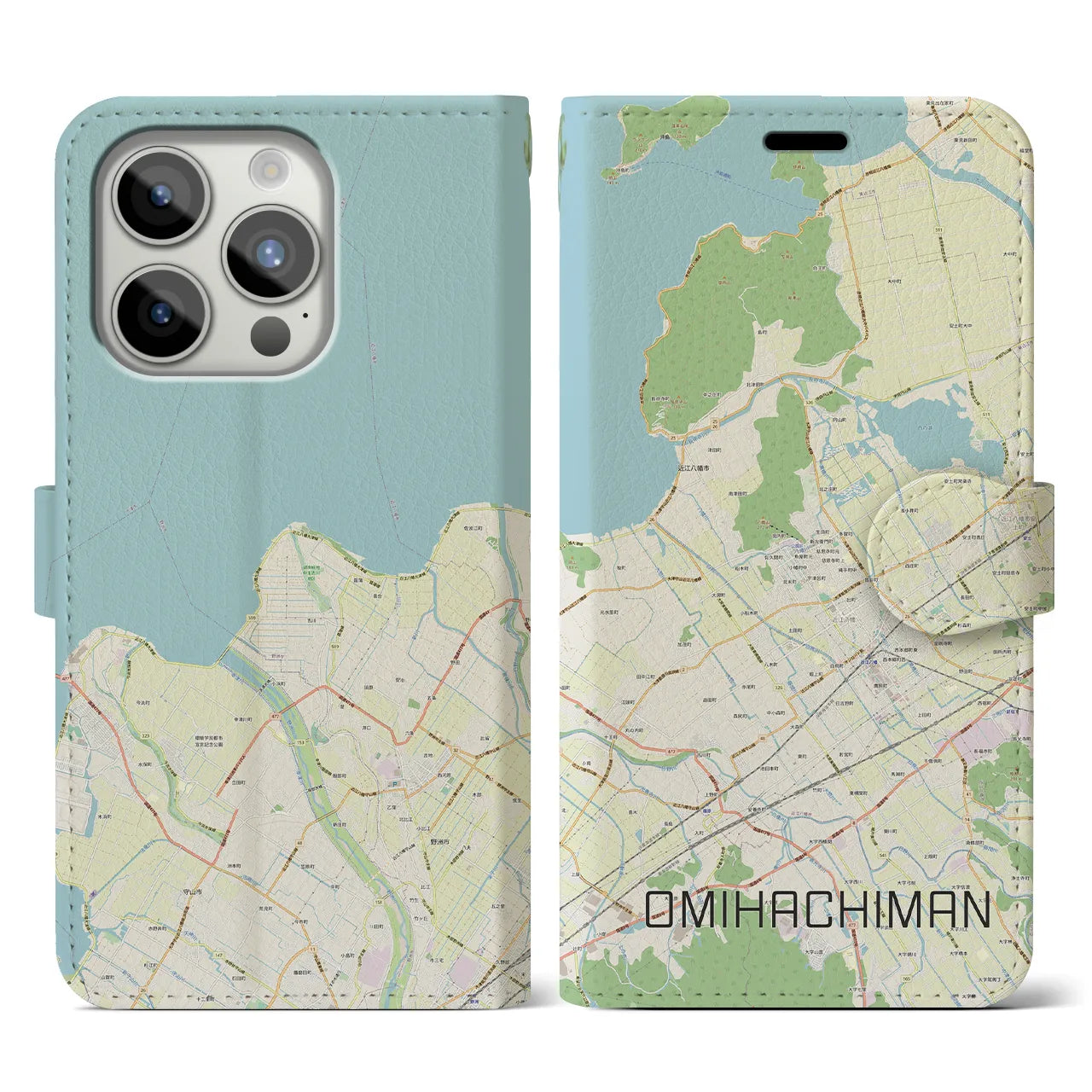 【近江八幡】地図柄iPhoneケース（手帳両面タイプ・ナチュラル）iPhone 15 Pro 用