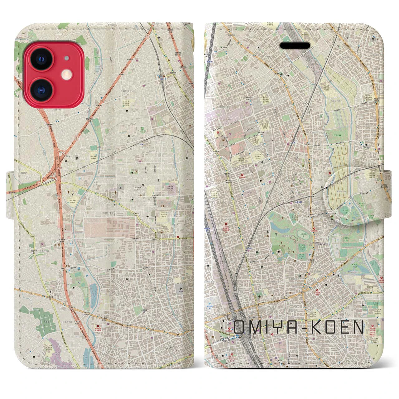 【大宮公園】地図柄iPhoneケース（手帳両面タイプ・ナチュラル）iPhone 11 用