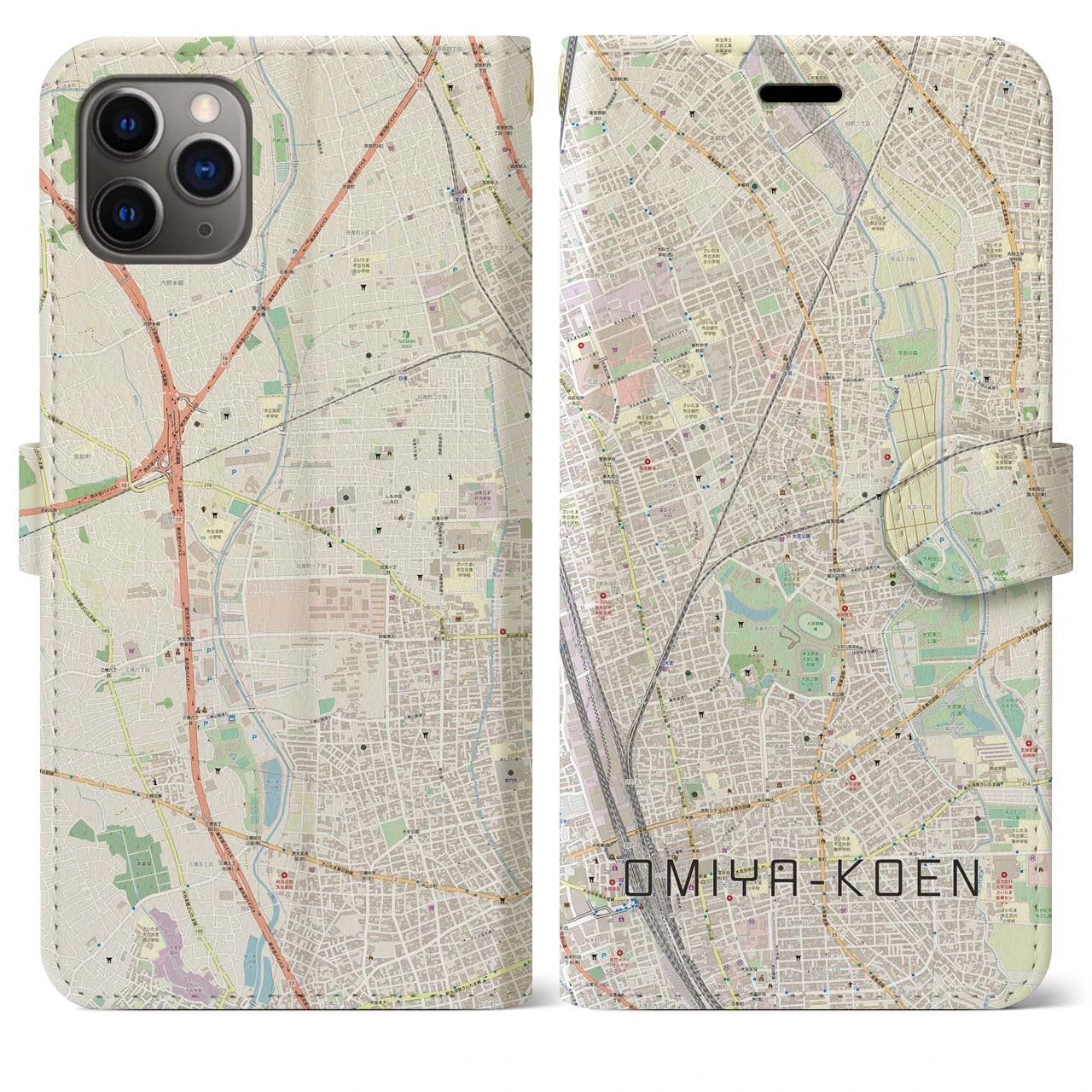 【大宮公園】地図柄iPhoneケース（手帳両面タイプ・ナチュラル）iPhone 11 Pro Max 用