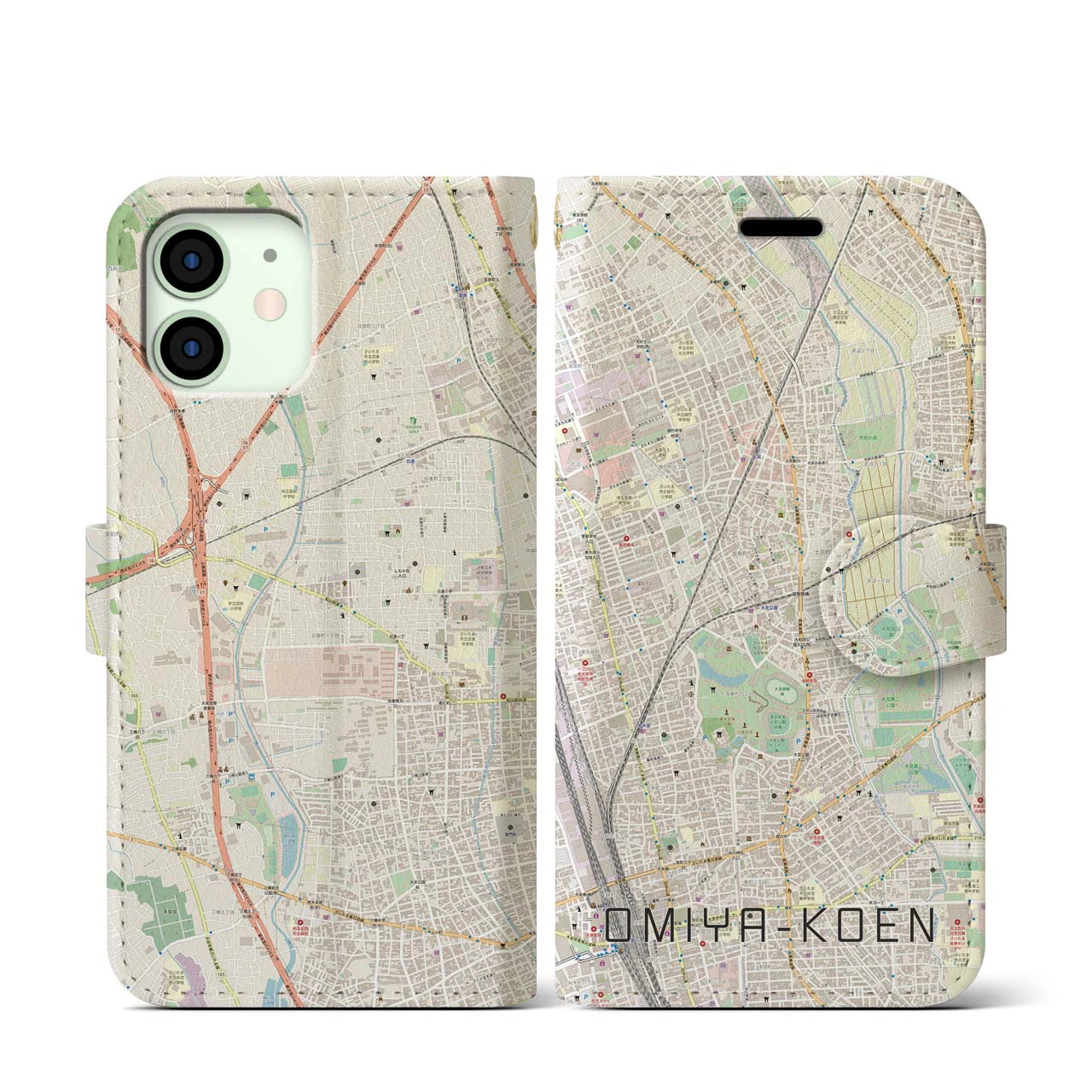【大宮公園】地図柄iPhoneケース（手帳両面タイプ・ナチュラル）iPhone 12 mini 用