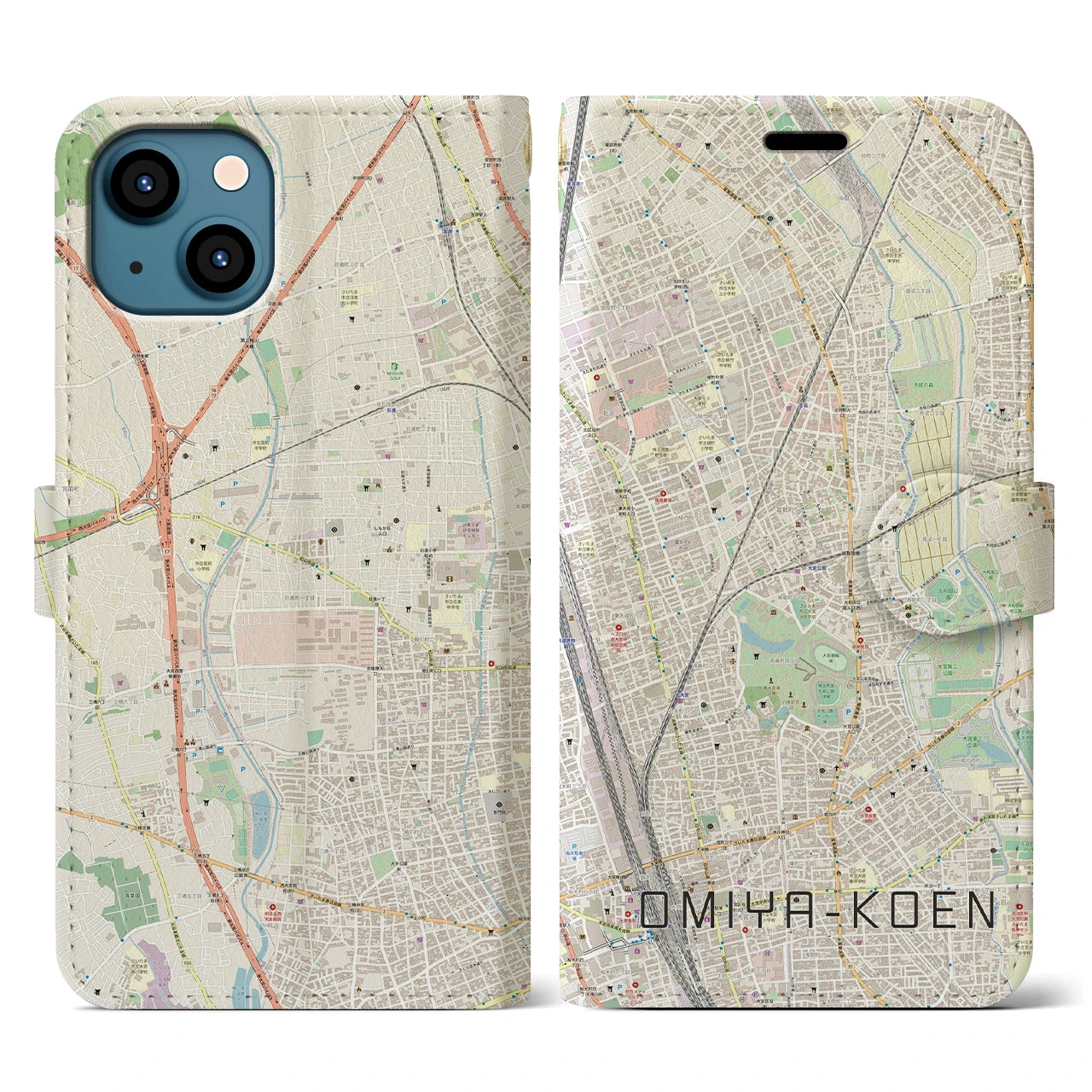 【大宮公園】地図柄iPhoneケース（手帳両面タイプ・ナチュラル）iPhone 13 用