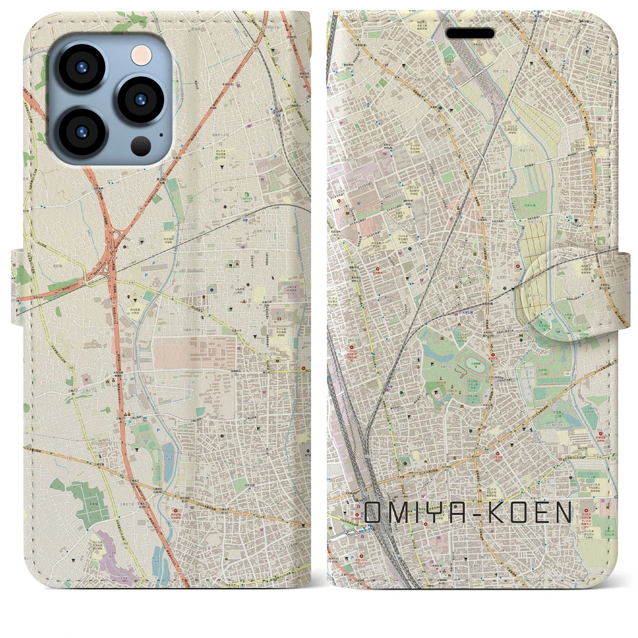 【大宮公園】地図柄iPhoneケース（手帳両面タイプ・ナチュラル）iPhone 13 Pro Max 用