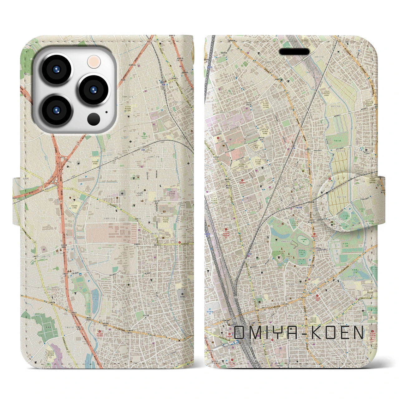 【大宮公園】地図柄iPhoneケース（手帳両面タイプ・ナチュラル）iPhone 13 Pro 用