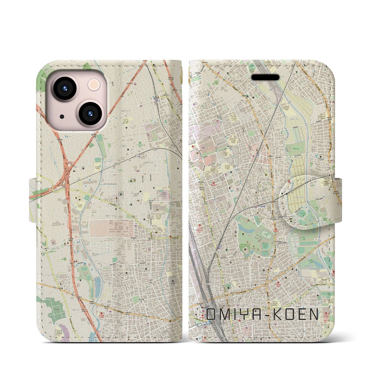 【大宮公園】地図柄iPhoneケース（手帳両面タイプ・ナチュラル）iPhone 13 mini 用