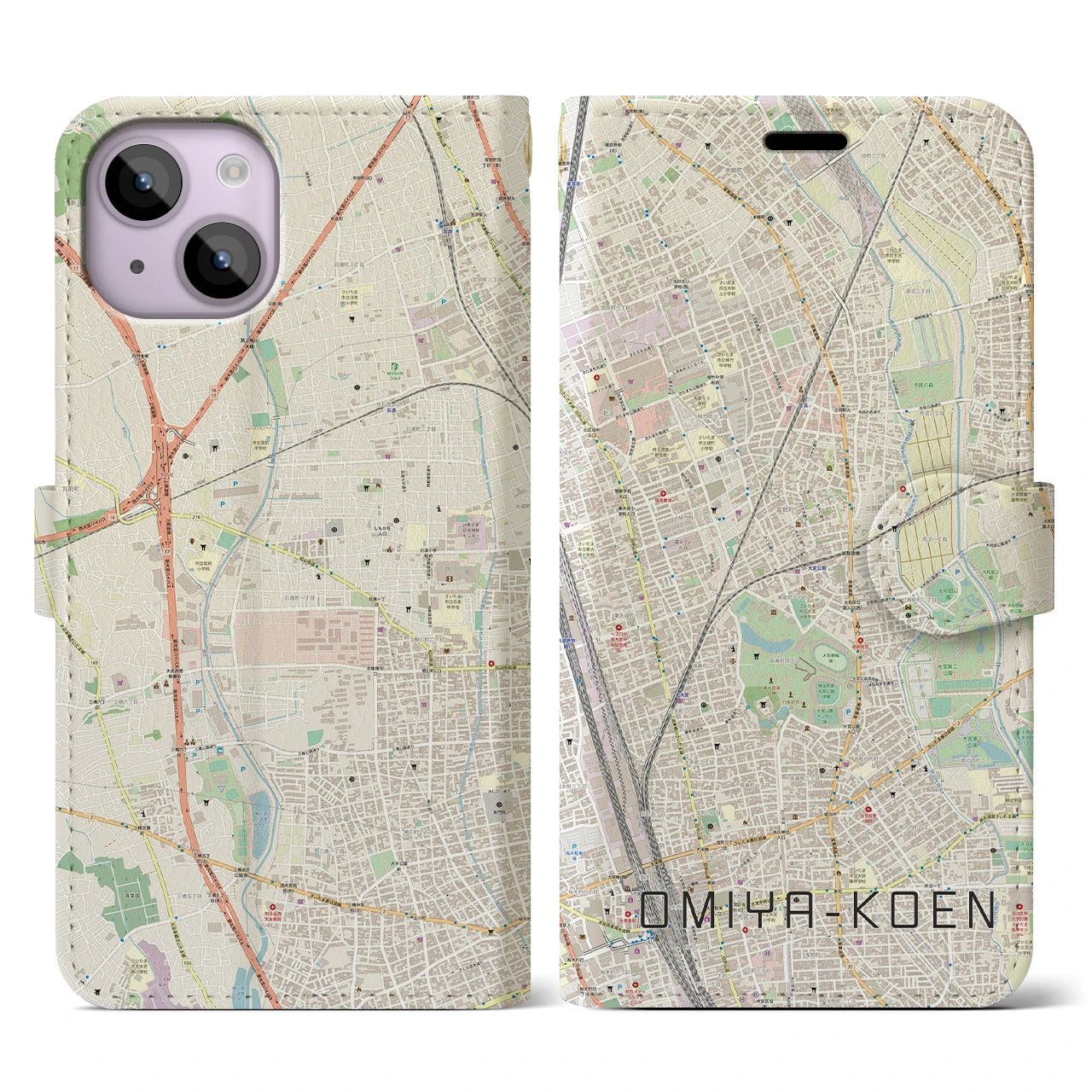 【大宮公園】地図柄iPhoneケース（手帳両面タイプ・ナチュラル）iPhone 14 用
