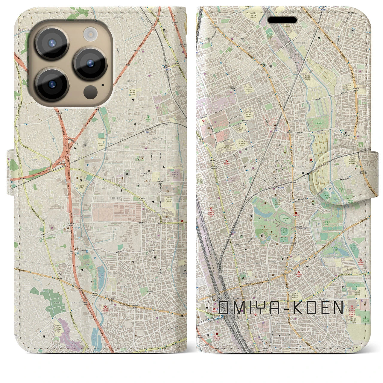 【大宮公園】地図柄iPhoneケース（手帳両面タイプ・ナチュラル）iPhone 14 Pro Max 用