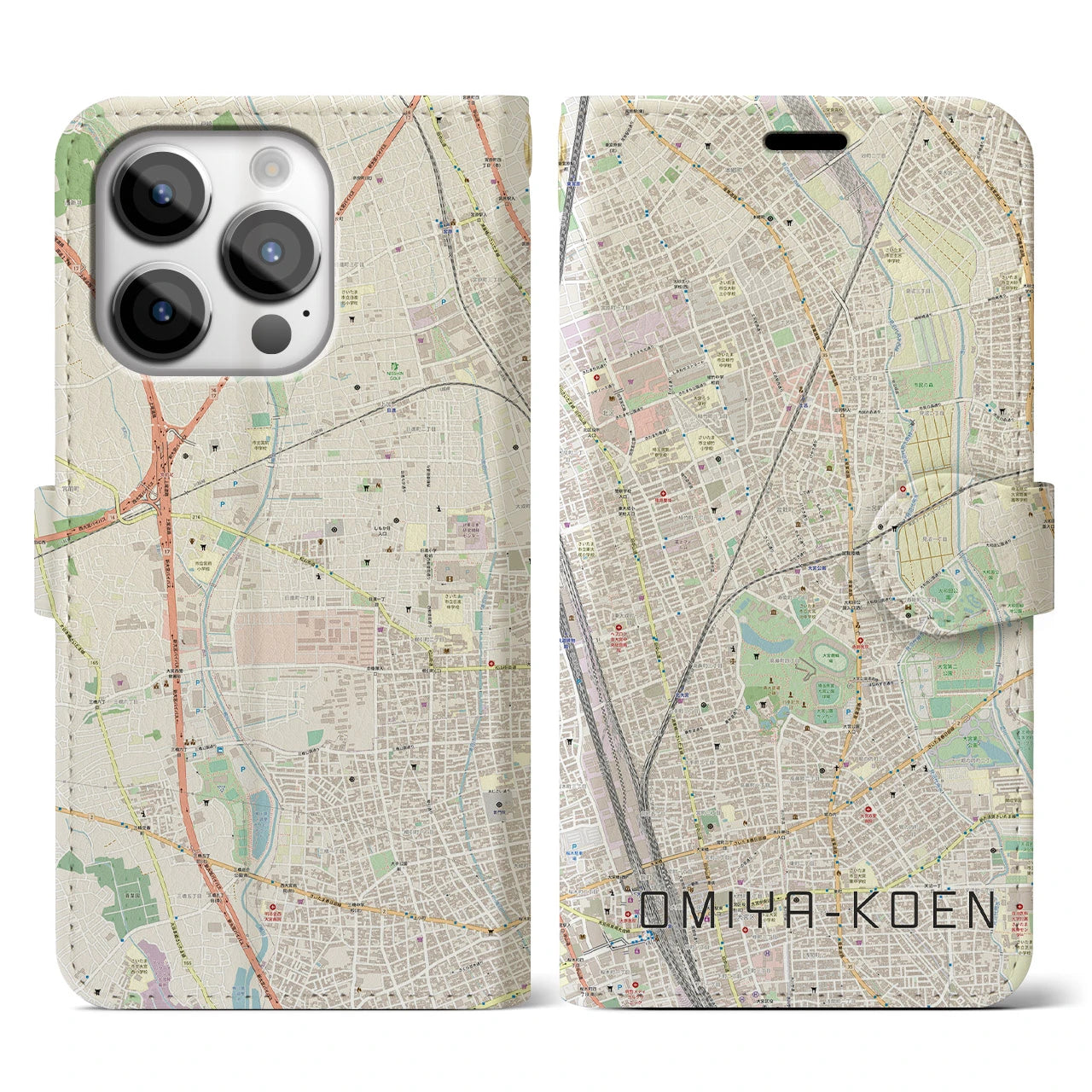 【大宮公園】地図柄iPhoneケース（手帳両面タイプ・ナチュラル）iPhone 14 Pro 用