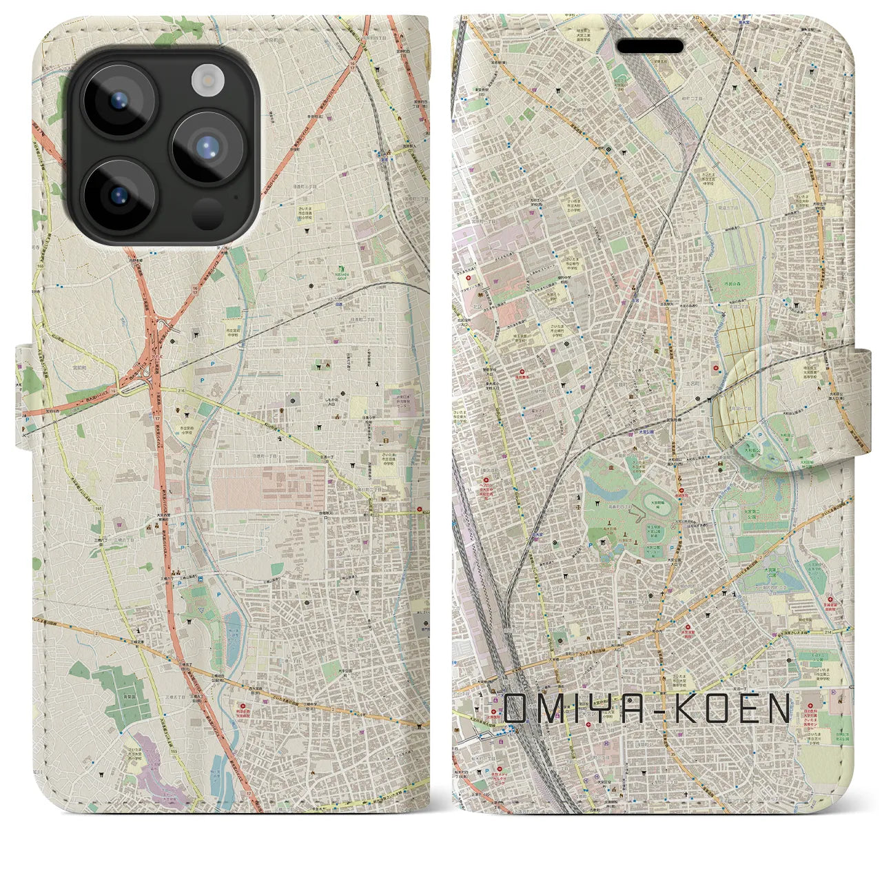 【大宮公園】地図柄iPhoneケース（手帳両面タイプ・ナチュラル）iPhone 15 Pro Max 用