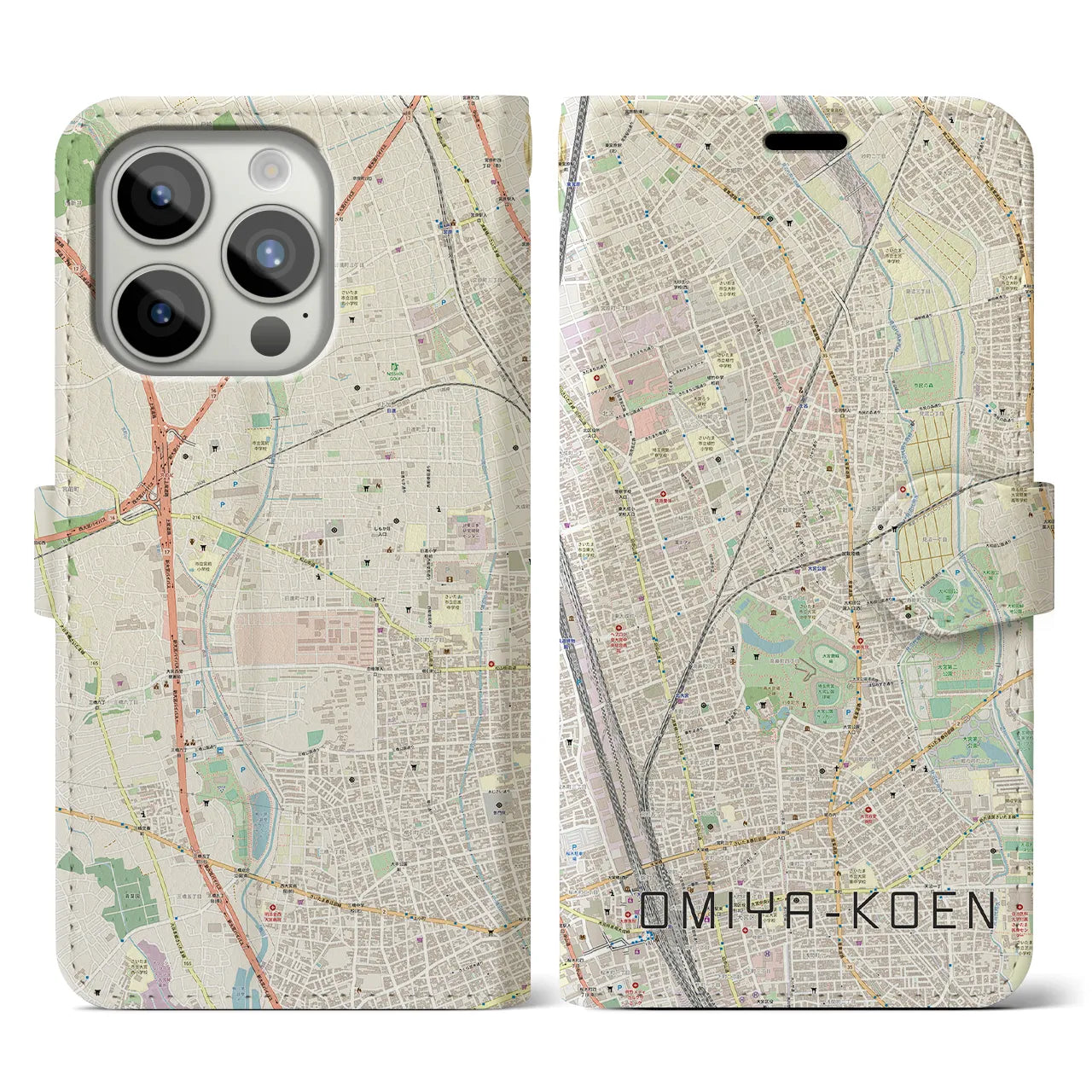 【大宮公園】地図柄iPhoneケース（手帳両面タイプ・ナチュラル）iPhone 15 Pro 用