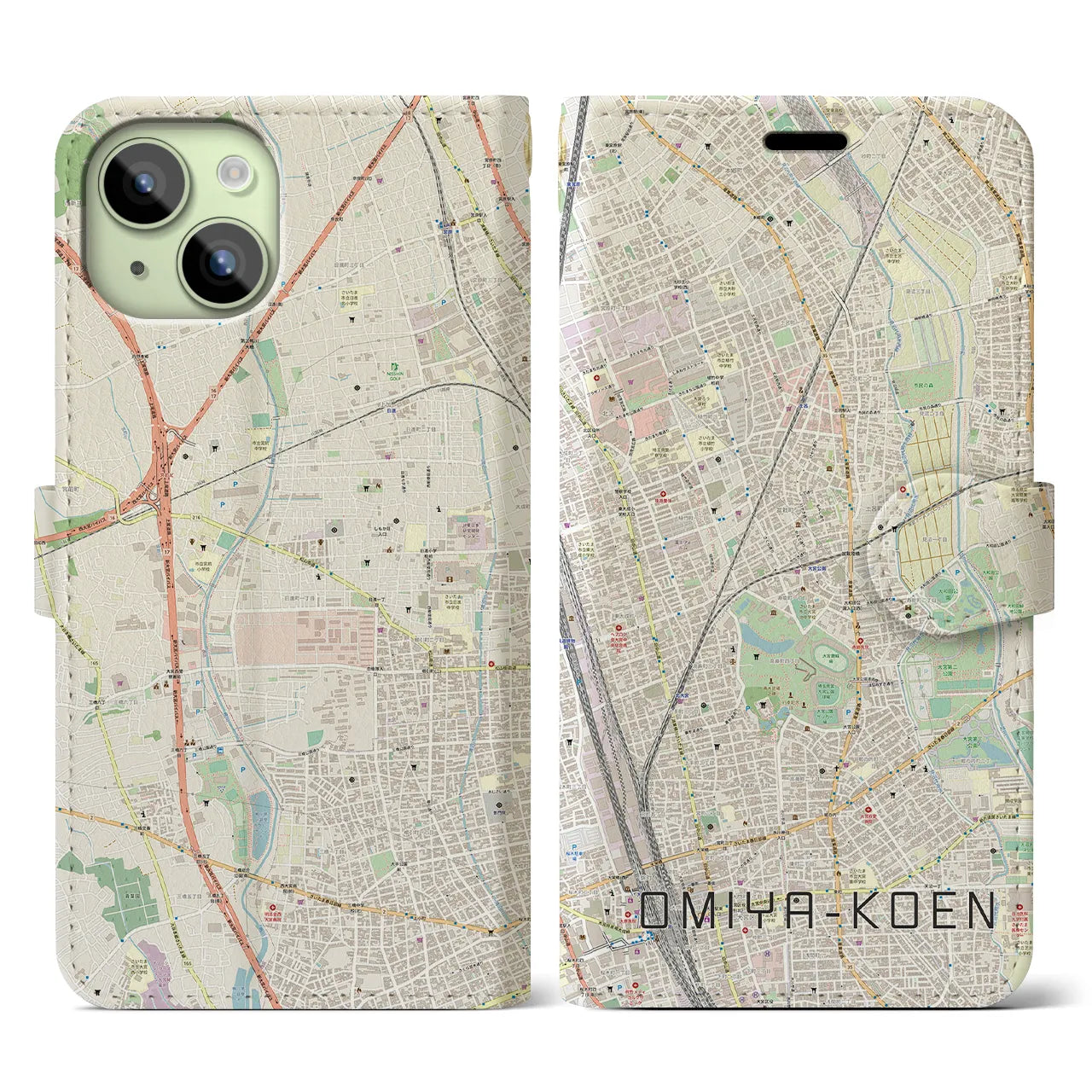 【大宮公園】地図柄iPhoneケース（手帳両面タイプ・ナチュラル）iPhone 15 用