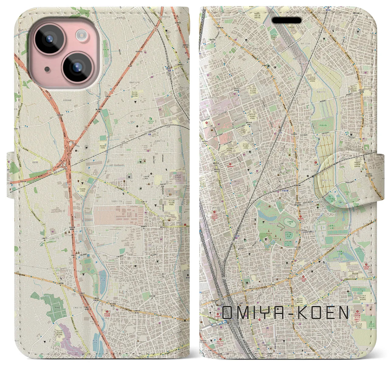【大宮公園】地図柄iPhoneケース（手帳両面タイプ・ナチュラル）iPhone 15 Plus 用