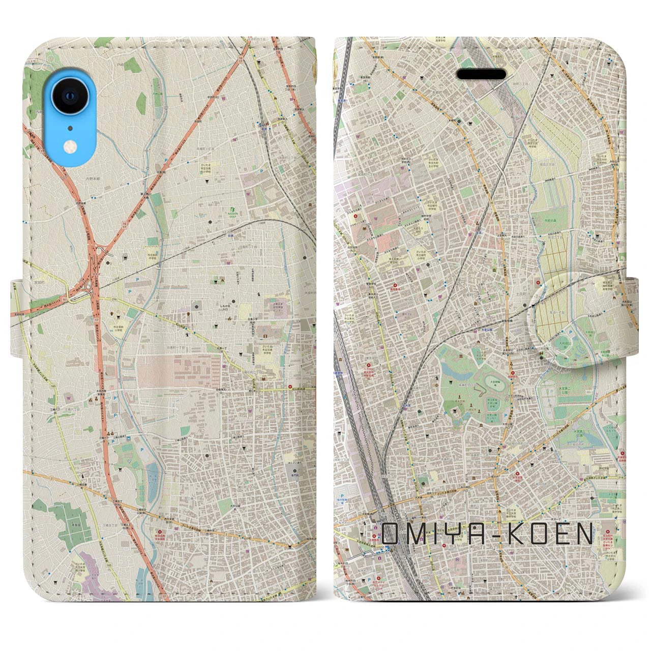 【大宮公園】地図柄iPhoneケース（手帳両面タイプ・ナチュラル）iPhone XR 用